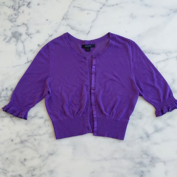 Express Cotton Rayon Ruffle Edge Short Sleeve Cropped Purple Knit Cardigan. - Picture 3 of 4